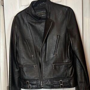 Rem Garson Black Leather Biker Jacket with Zip Pockets